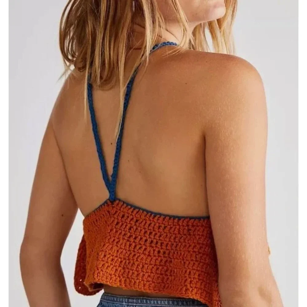 NEW SZ small s FREE PEOPLE BELLA CROCHET CROPPED CROP HALTER TANK TOP SHIRT BOHO